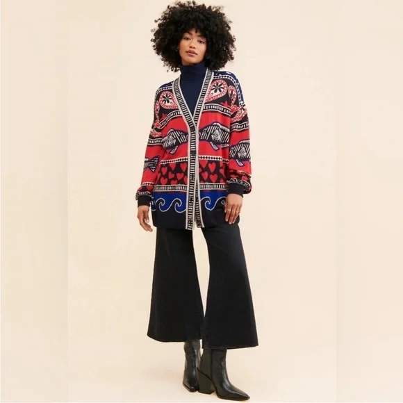 Farm Rio Navy Mixed Prints Knit Cardigan size large - Picture 2 of 9